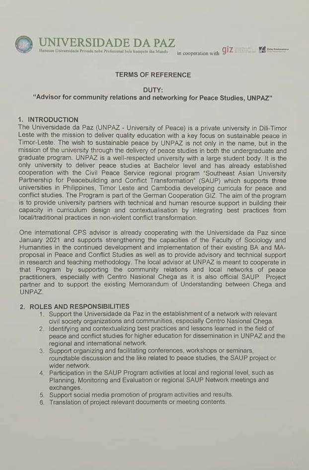 AGORA DADAUN UNIVERSIDADE DA PAZ SERBISU HAMUTUK HO GIZ BUKA HELA PESOAL IDA (TIMOR OAN) SERBISU HAM